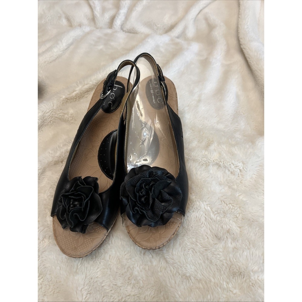 New Boc Born Concept Cork Wedge Sandals 11M Black Leather Flower Comfort Shoes